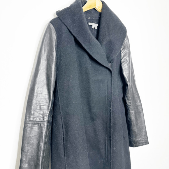 Vince Coat Double Faced Coat Wool Black Lamb Skin Leather Sleeve Shawl Collar S - Picture 3 of 8